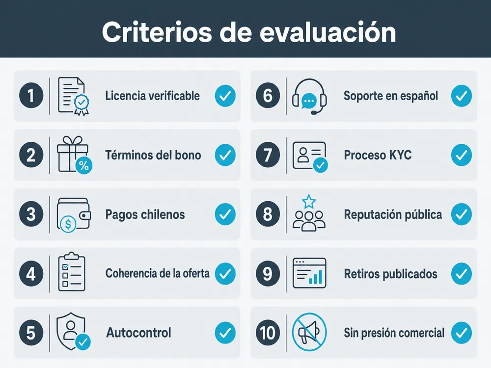 Los diez criterios usados para evaluar y ordenar los casinos comparados